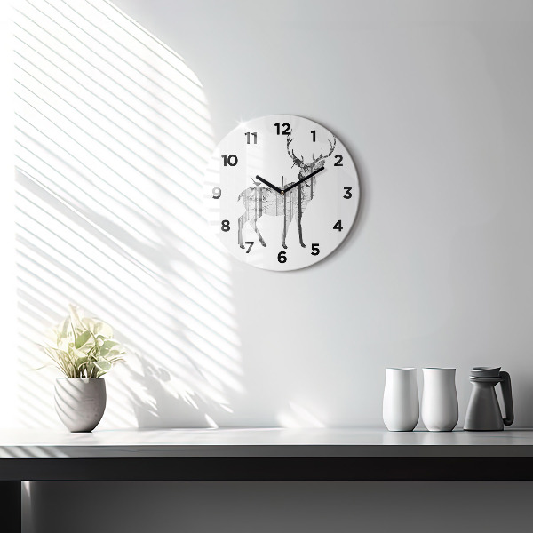 Kulaté skleněné hodiny s fotkou Silueta jelena Les