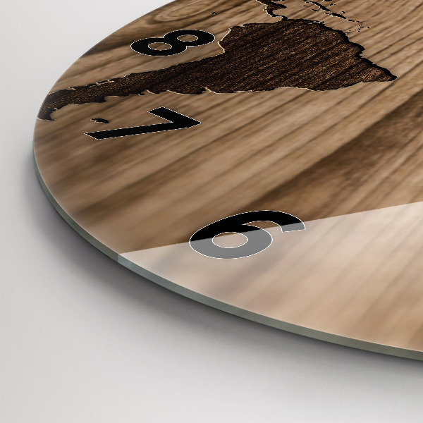 Kulaté skleněné hodiny s fotkou Mapa světa na dřevě