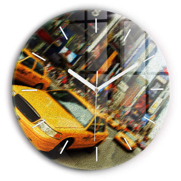 Kulaté skleněné hodiny s fotkou Newyorské taxíky
