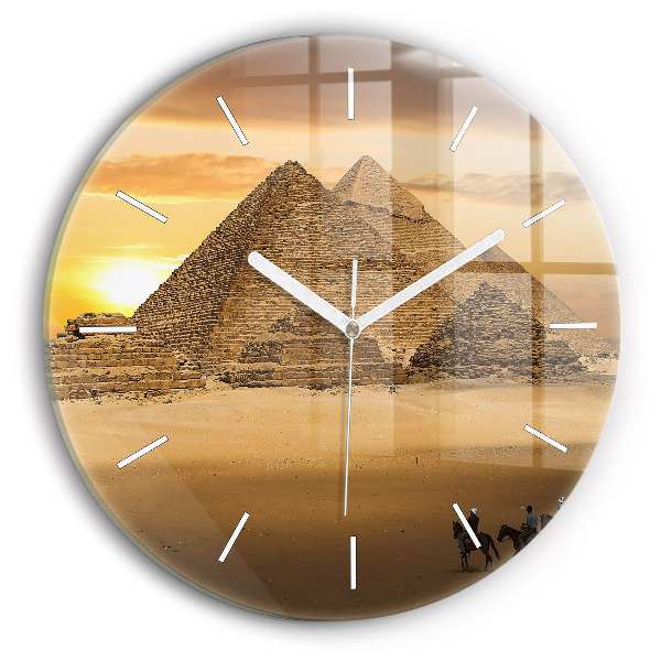Kulaté skleněné hodiny s fotkou Pyramidy a západ slunce