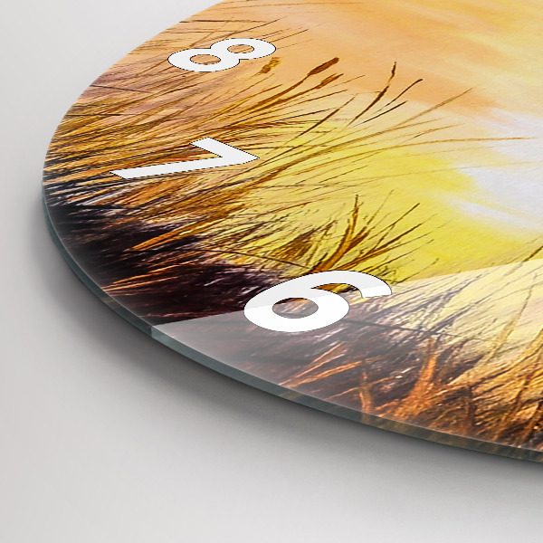 Kulaté skleněné hodiny s fotkou Jeřábi při západu slunce