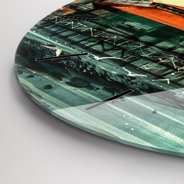 Kulaté skleněné hodiny s fotkou Rybářská vesnice