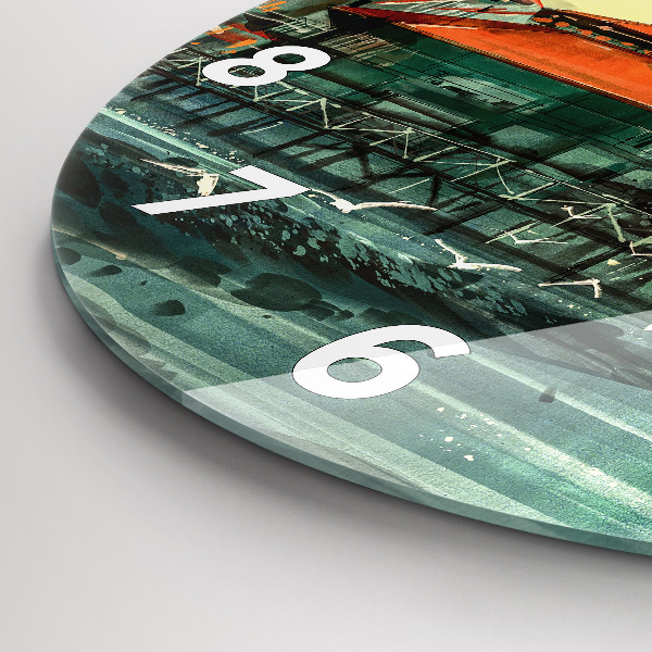 Kulaté skleněné hodiny s fotkou Rybářská vesnice