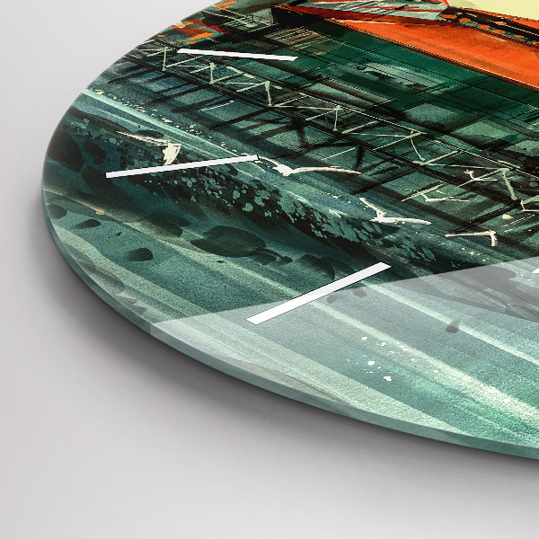 Kulaté skleněné hodiny s fotkou Rybářská vesnice