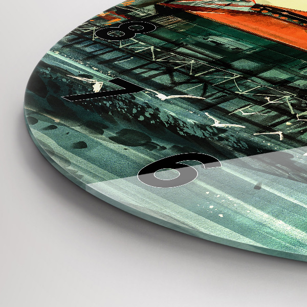 Kulaté skleněné hodiny s fotkou Rybářská vesnice