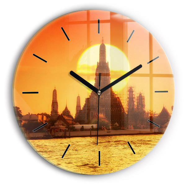 Kulaté skleněné hodiny s fotkou Wat arun Bangkok Thajsko