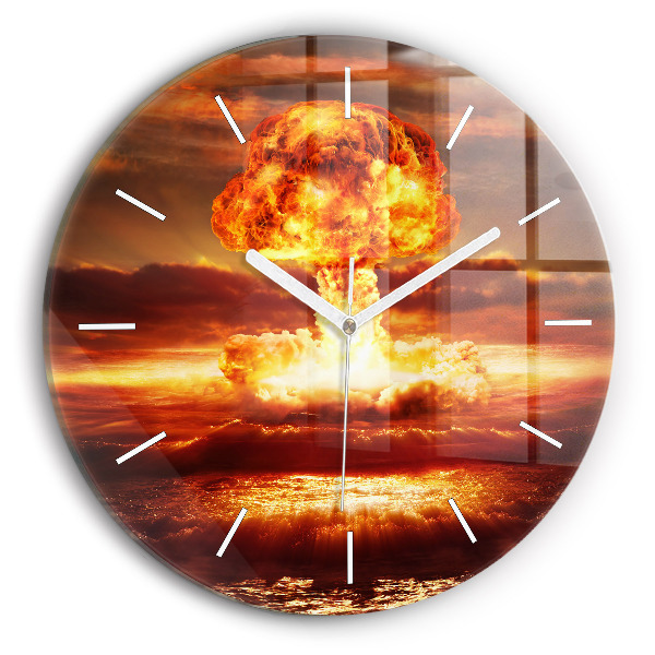 Kulaté skleněné hodiny s fotkou Výbuch atomové bomby