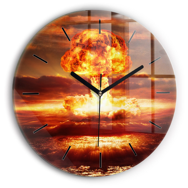 Kulaté skleněné hodiny s fotkou Výbuch atomové bomby
