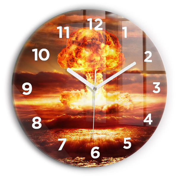 Kulaté skleněné hodiny s fotkou Výbuch atomové bomby