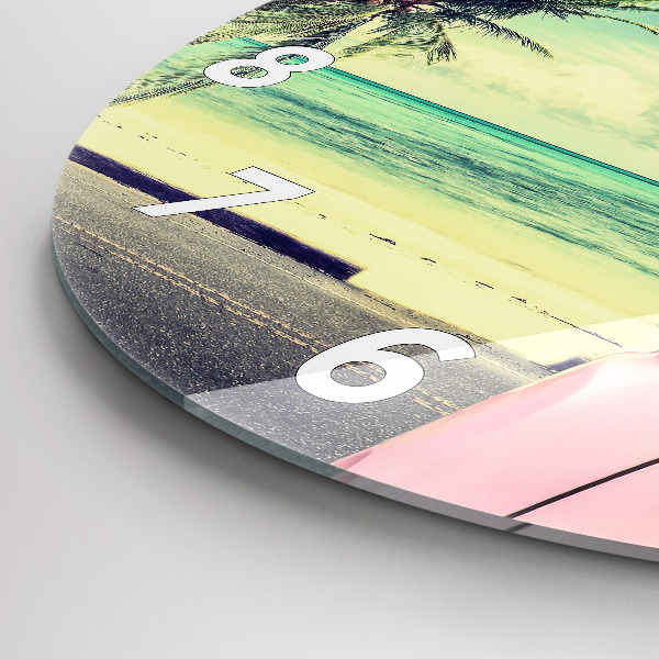 Kulaté skleněné hodiny s fotkou Auto se surfovacím prknem