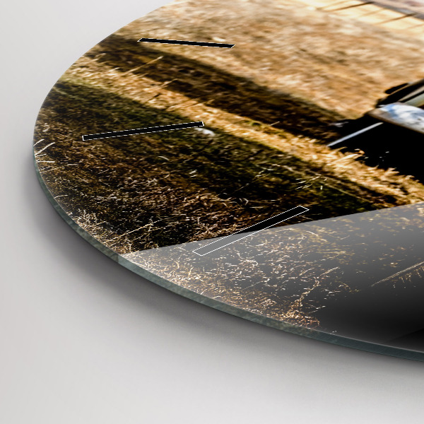 Kulaté skleněné hodiny s fotkou Stará auta