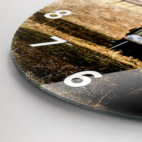 Kulaté skleněné hodiny s fotkou Stará auta