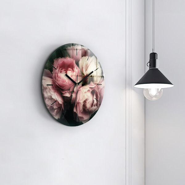Kulaté skleněné hodiny s fotkou Kytice růžových růží