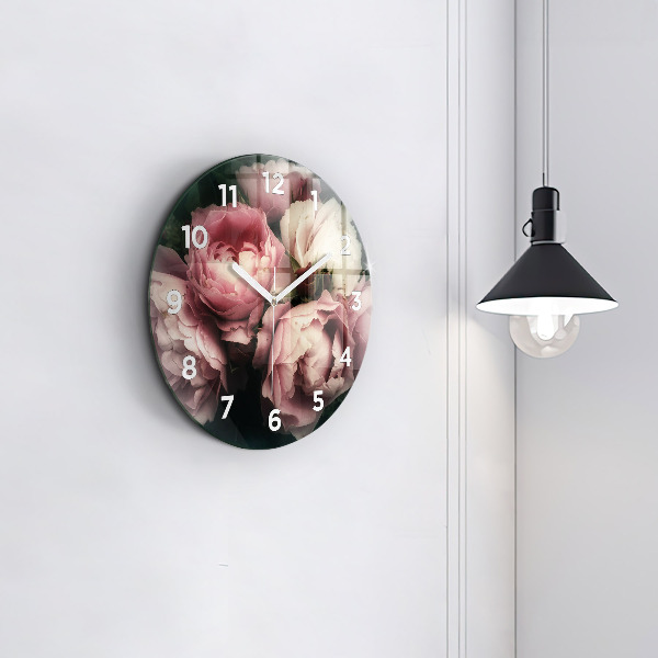 Kulaté skleněné hodiny s fotkou Kytice růžových růží