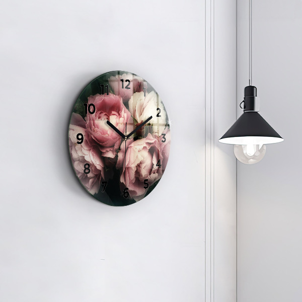 Kulaté skleněné hodiny s fotkou Kytice růžových růží
