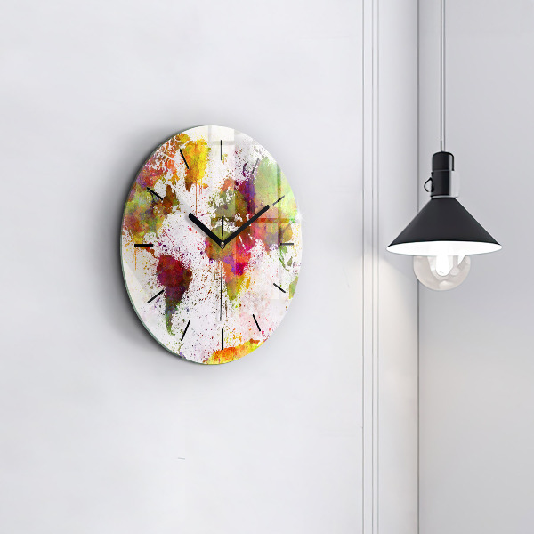 Kulaté skleněné hodiny s fotkou Akvarelová mapa světa