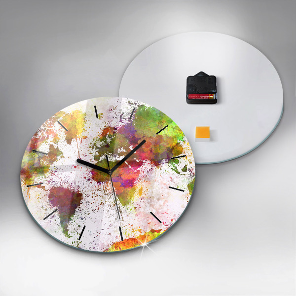 Kulaté skleněné hodiny s fotkou Akvarelová mapa světa