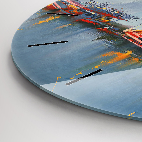 Kulaté skleněné hodiny s fotkou Rybářská loď v přístavu