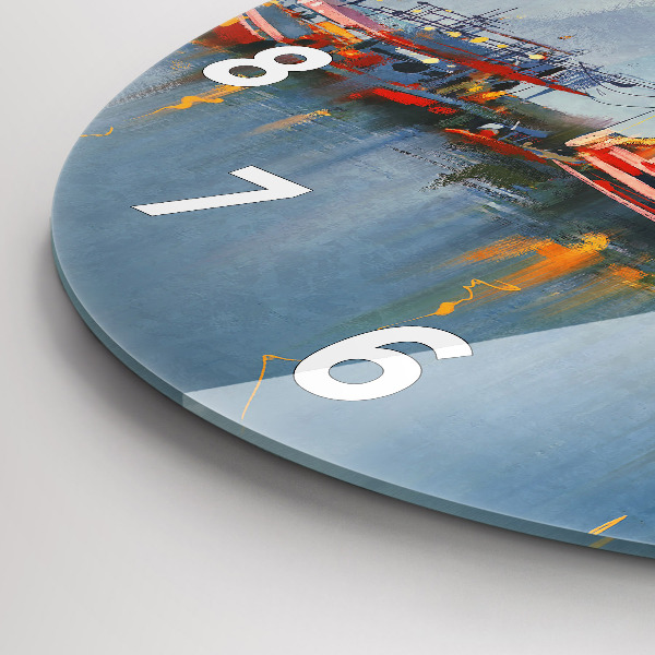 Kulaté skleněné hodiny s fotkou Rybářská loď v přístavu