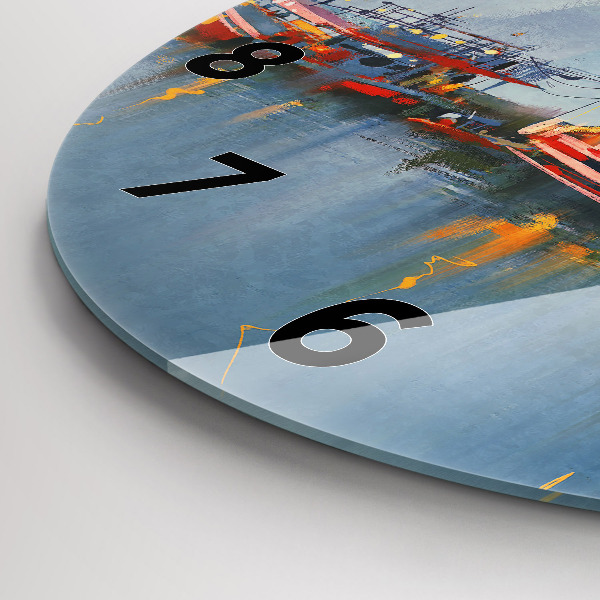 Kulaté skleněné hodiny s fotkou Rybářská loď v přístavu