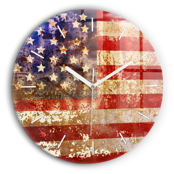 Kulaté skleněné hodiny s fotkou Vlajka USA ve vintage stylu