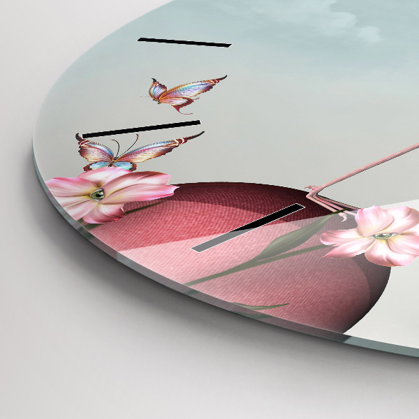Kulaté skleněné hodiny s fotkou Surrealistický plameňák