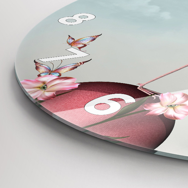 Kulaté skleněné hodiny s fotkou Surrealistický plameňák