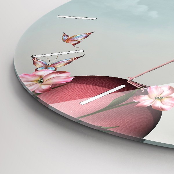 Kulaté skleněné hodiny s fotkou Surrealistický plameňák