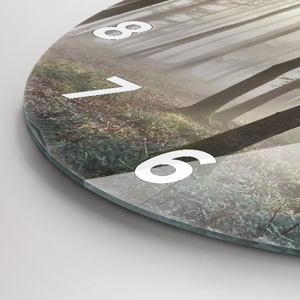 Kulaté skleněné hodiny s fotkou Les v mlze