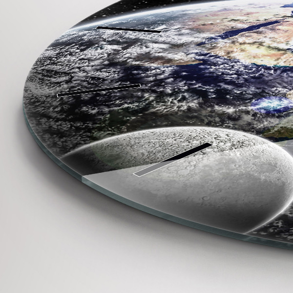 Kulaté skleněné hodiny s fotkou Země Měsíc Slunce