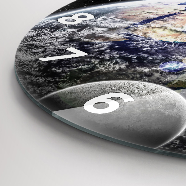 Kulaté skleněné hodiny s fotkou Země Měsíc Slunce