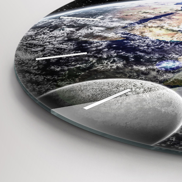 Kulaté skleněné hodiny s fotkou Země Měsíc Slunce