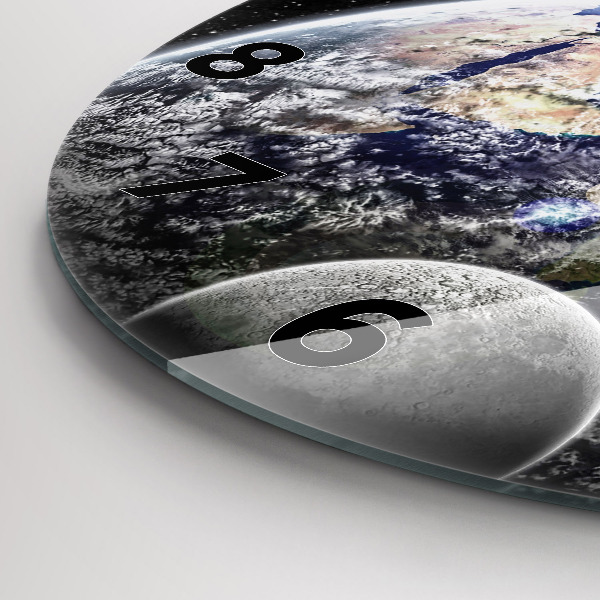 Kulaté skleněné hodiny s fotkou Země Měsíc Slunce