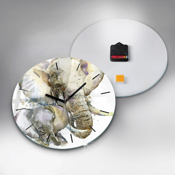 Kulaté skleněné hodiny s fotkou Malovaná zvířata sloni