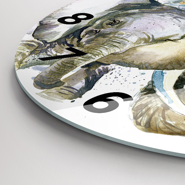 Kulaté skleněné hodiny s fotkou Malovaná zvířata sloni