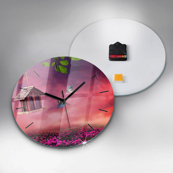 Kulaté skleněné hodiny s fotkou Ptačí budka