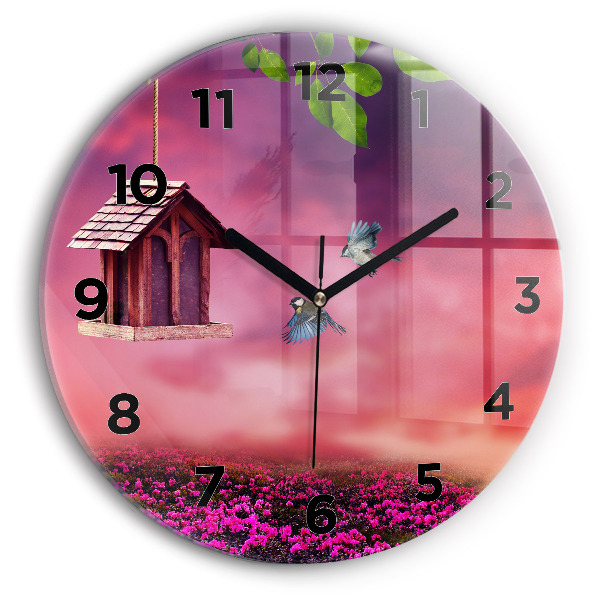 Kulaté skleněné hodiny s fotkou Ptačí budka