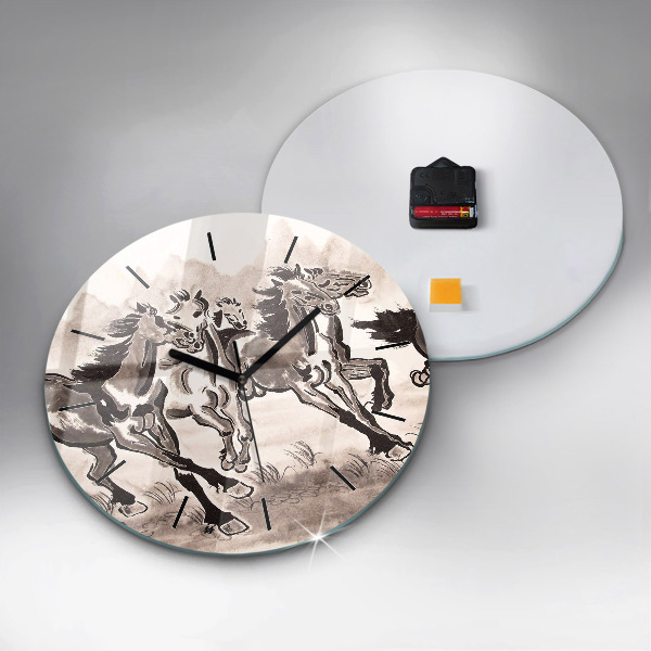 Kulaté skleněné hodiny s fotkou Cválající koně