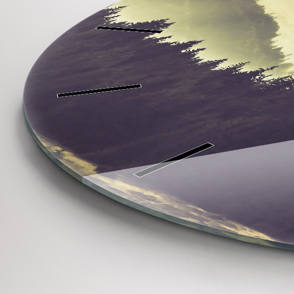 Kulaté skleněné hodiny s fotkou Mlžné horské svahy