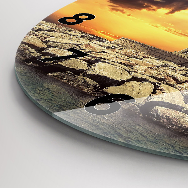 Kulaté skleněné hodiny s fotkou Maják na vodě