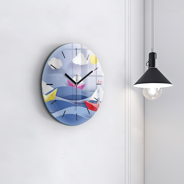 Kulaté skleněné hodiny s fotkou Origami barevné plachetnice