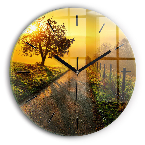 Kulaté skleněné hodiny s fotkou Mlha při východu slunce