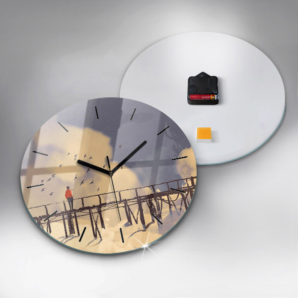 Kulaté skleněné hodiny s fotkou Muž na starém mostě