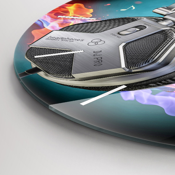 Kulaté skleněné hodiny s fotkou Sluchátka a zvukové vlny