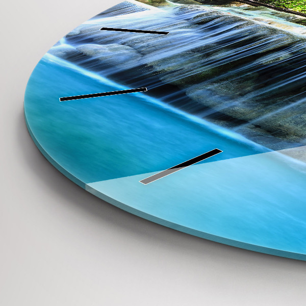 Kulaté skleněné hodiny s fotkou Vodopád v lese