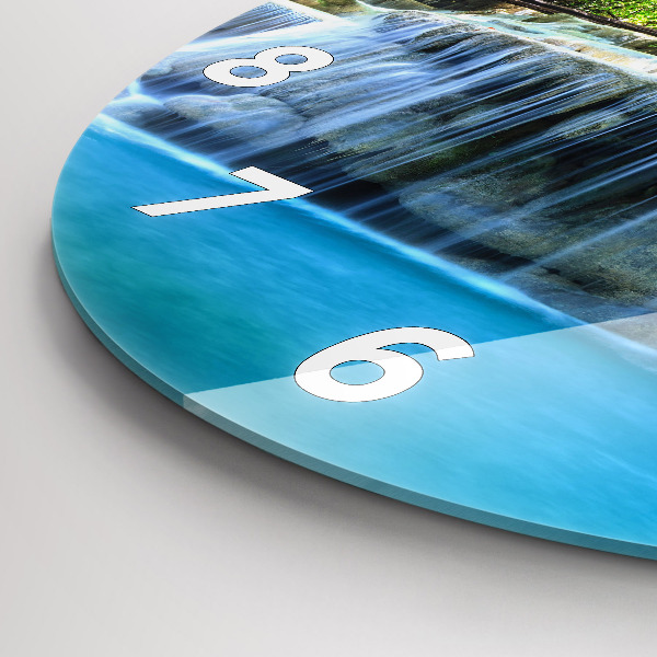 Kulaté skleněné hodiny s fotkou Vodopád v lese