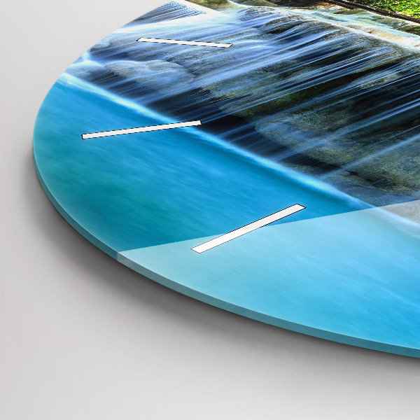 Kulaté skleněné hodiny s fotkou Vodopád v lese