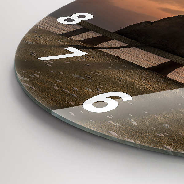 Kulaté skleněné hodiny s fotkou Zvířata a západ