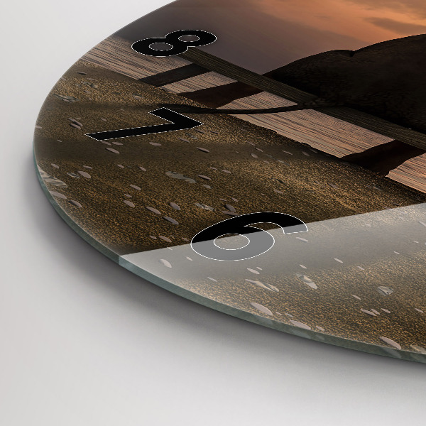 Kulaté skleněné hodiny s fotkou Zvířata a západ