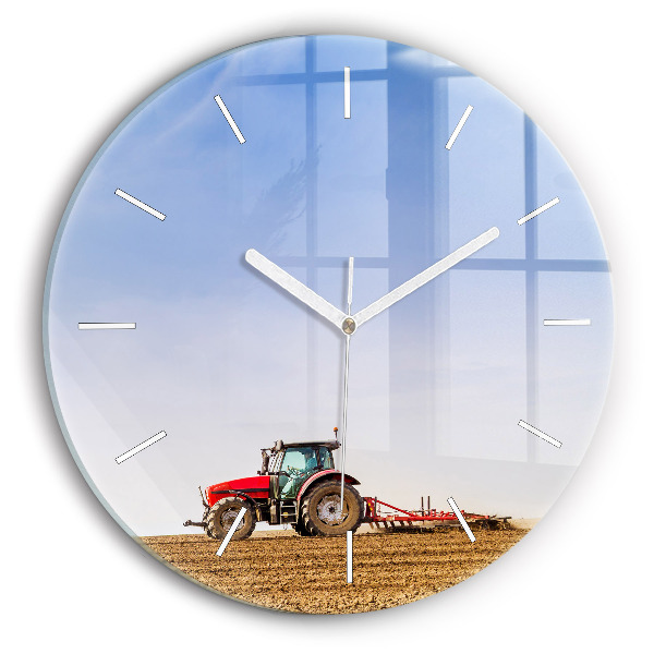 Kulaté skleněné hodiny s fotkou Farmář v traktoru